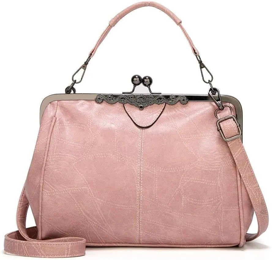 Retro Women Handbags Hollow Oil Wax PU Leather Handbag Kiss Lock Crossbody Purse Vintage Hobo Bags Messenger Bag Tote