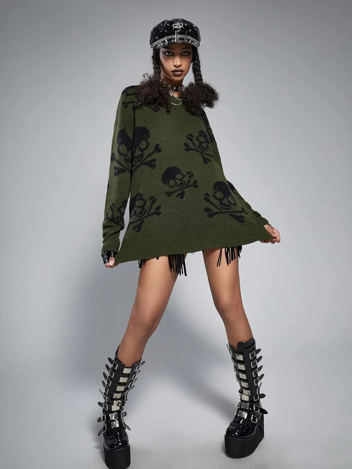 RFME Sweaters for Women Skull Pattern Oversized Sweater Sweaters (Color : Dark Green, Size : Small)