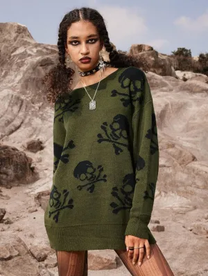 RFME Sweaters for Women Skull Pattern Oversized Sweater Sweaters (Color : Dark Green, Size : Small)
