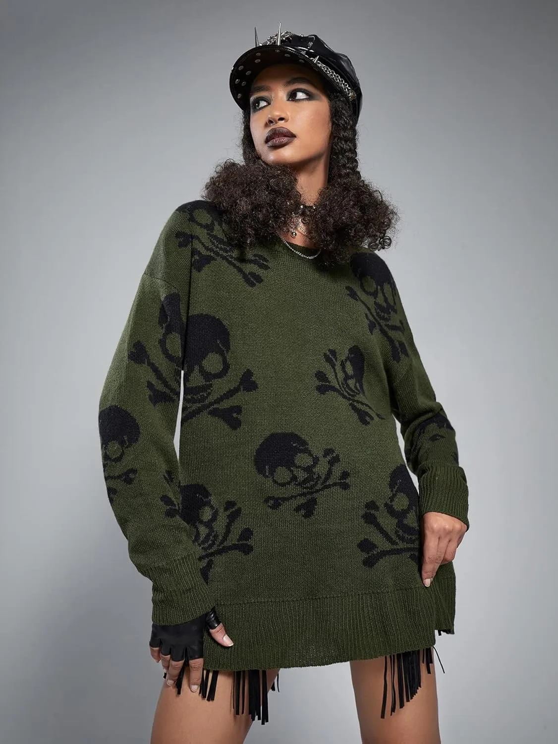 RFME Sweaters for Women Skull Pattern Oversized Sweater Sweaters (Color : Dark Green, Size : Small)