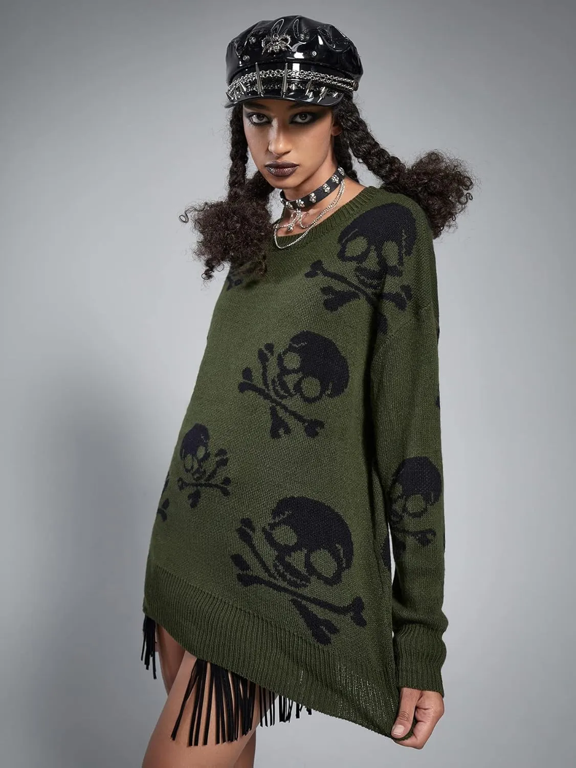 RFME Sweaters for Women Skull Pattern Oversized Sweater Sweaters (Color : Dark Green, Size : Small)