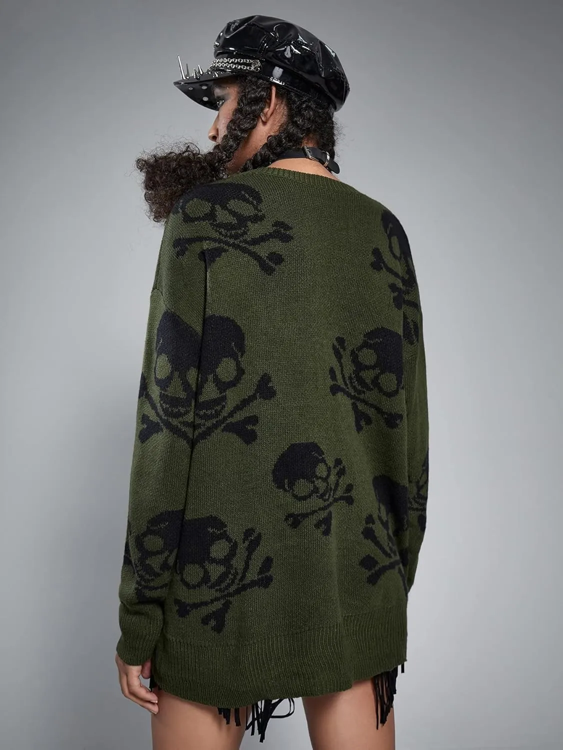 RFME Sweaters for Women Skull Pattern Oversized Sweater Sweaters (Color : Dark Green, Size : Small)