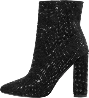 richealnini Womens Sexy Rhinestones Pointed Toe Block High Heel Ankle Boots