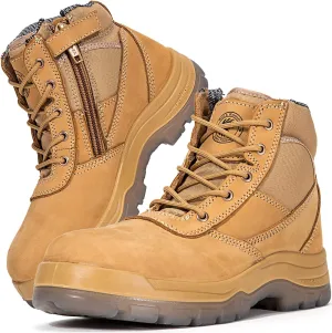 ROCKROOSTER Mens Work Boots, 6 inch Steel Toe Side Zipper Safety Wheat Black Slip Resistant Work Boot, TPU Outsole Breathable Leather Shoes, ASTM F2413-18 Static Dissipative SD (AK050 & AK050BK)