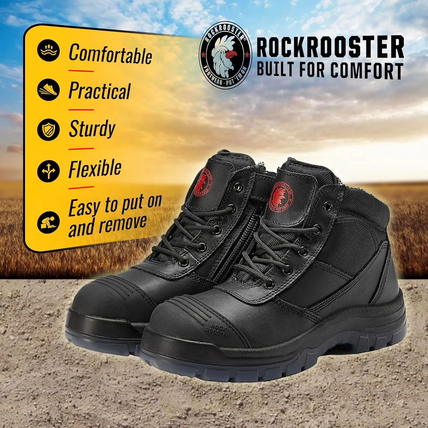 ROCKROOSTER Mens Work Boots, 6 inch Steel Toe Side Zipper Safety Wheat Black Slip Resistant Work Boot, TPU Outsole Breathable Leather Shoes, ASTM F2413-18 Static Dissipative SD (AK050 & AK050BK)