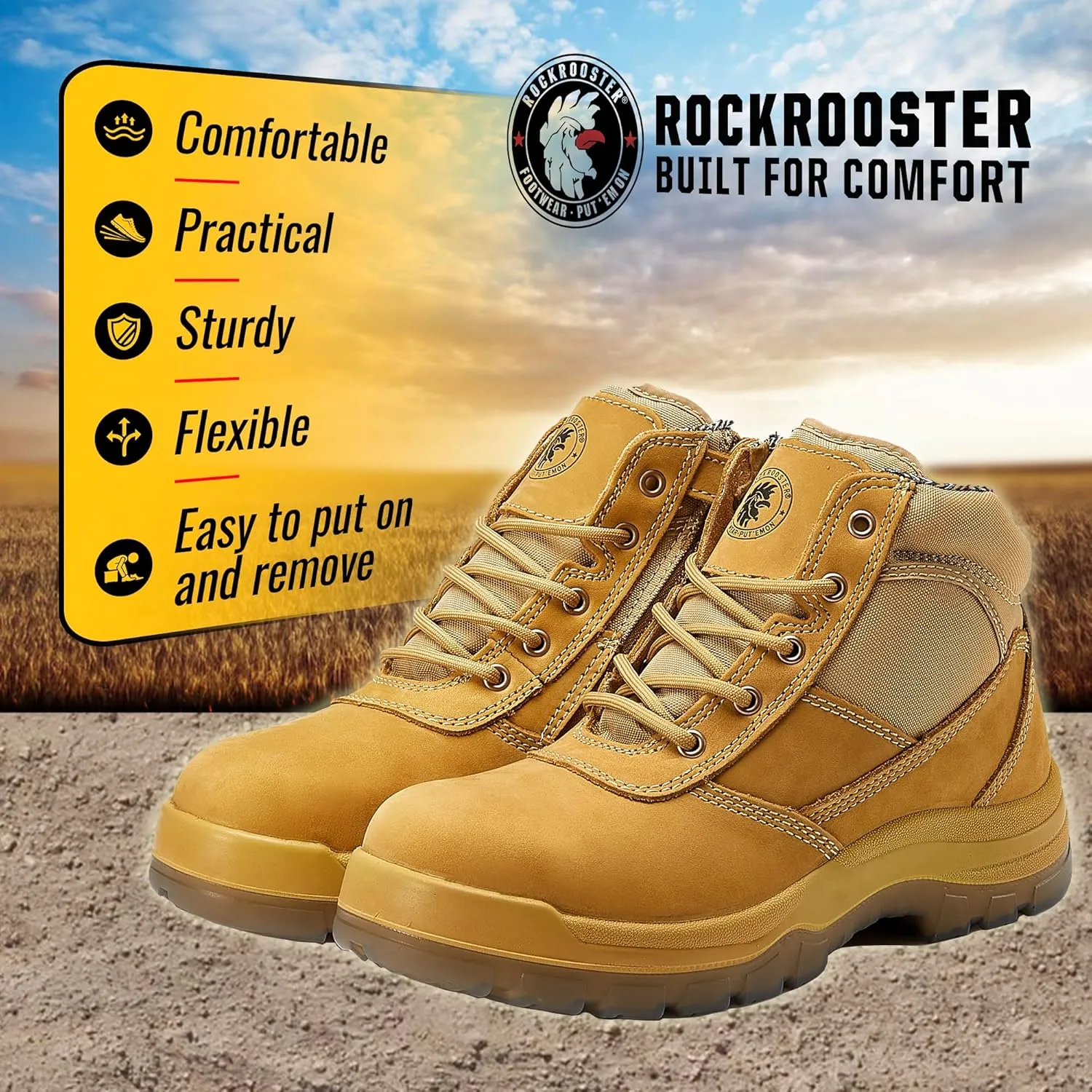 ROCKROOSTER Mens Work Boots, 6 inch Steel Toe Side Zipper Safety Wheat Black Slip Resistant Work Boot, TPU Outsole Breathable Leather Shoes, ASTM F2413-18 Static Dissipative SD (AK050 & AK050BK)