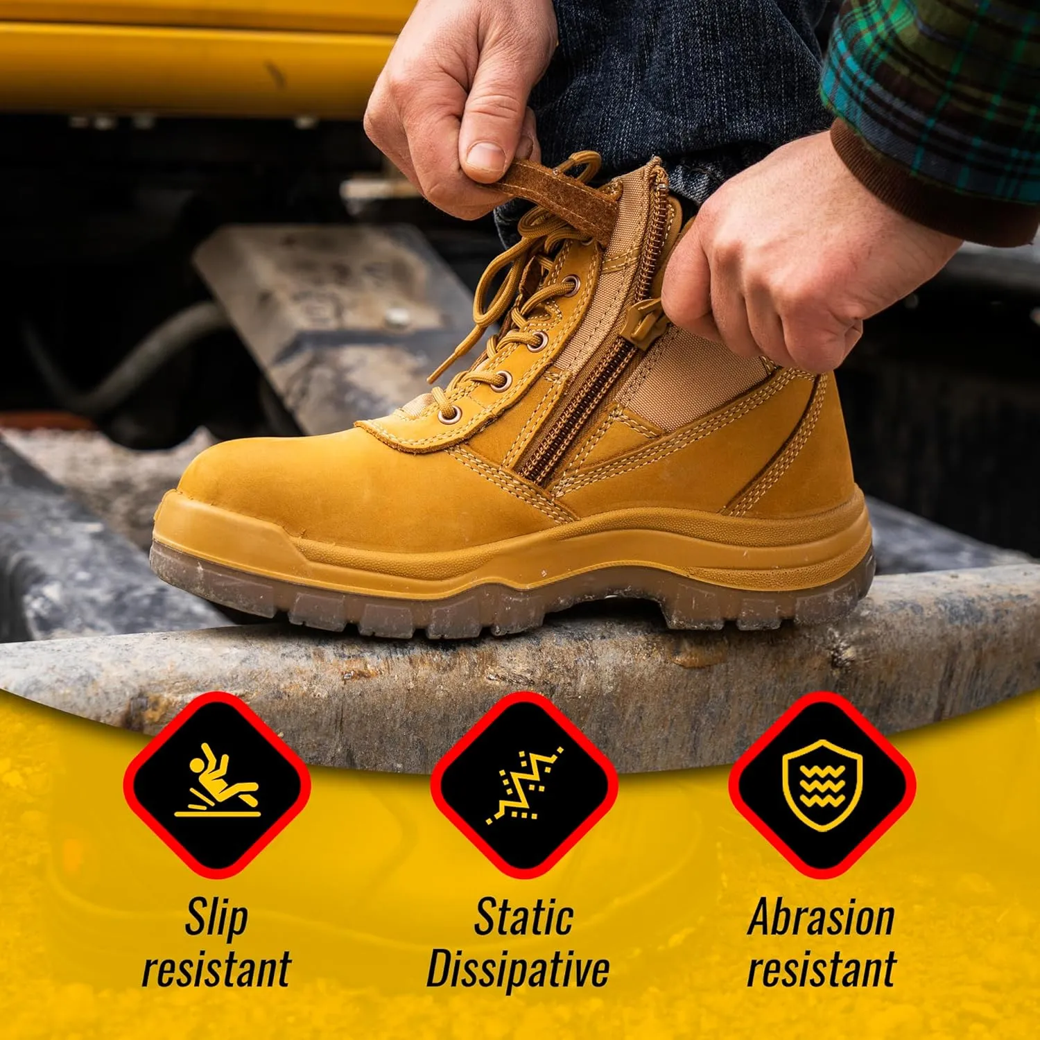 ROCKROOSTER Mens Work Boots, 6 inch Steel Toe Side Zipper Safety Wheat Black Slip Resistant Work Boot, TPU Outsole Breathable Leather Shoes, ASTM F2413-18 Static Dissipative SD (AK050 & AK050BK)