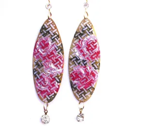 Romantic Hand Painted Pink Roses Long Gold Plated Dangle Earrings with Dangling Rhinestones Flower Jewelry for Women