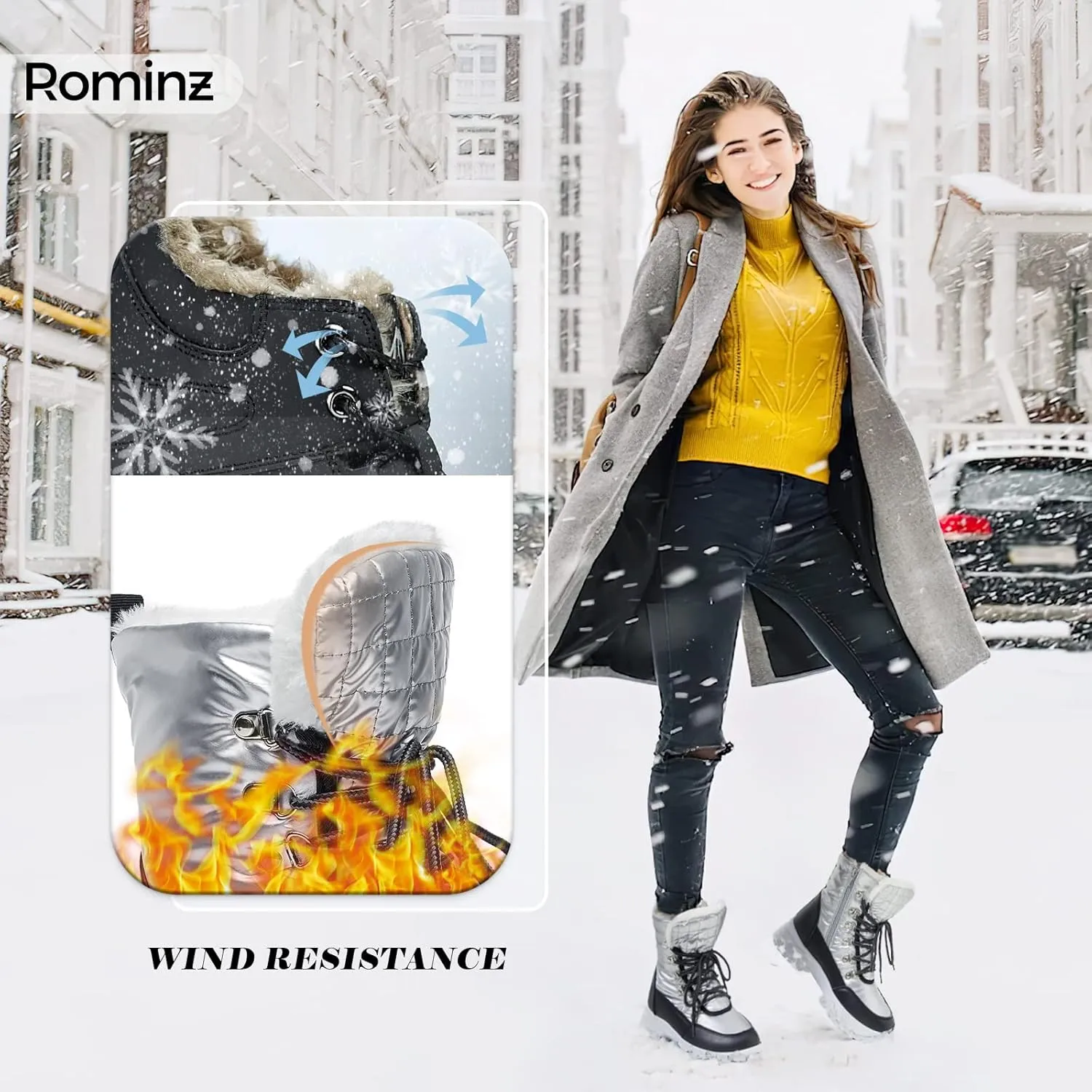 Rominz Womens Winter Snow Boots with Zipper Warm Fur Lined Mid Calf Ankle Booties for Women Comfortable Outdoor Anti Slip Boots