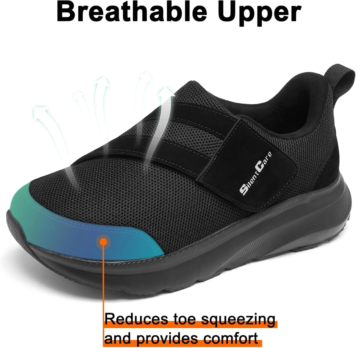 SILENTCARE Diabetic Shoes for Men Wide Toe Box Slip-on Shoes for Swollen Feet Adjustable Walking Shoes for Elderly Foot Pain Relief Neuropathy