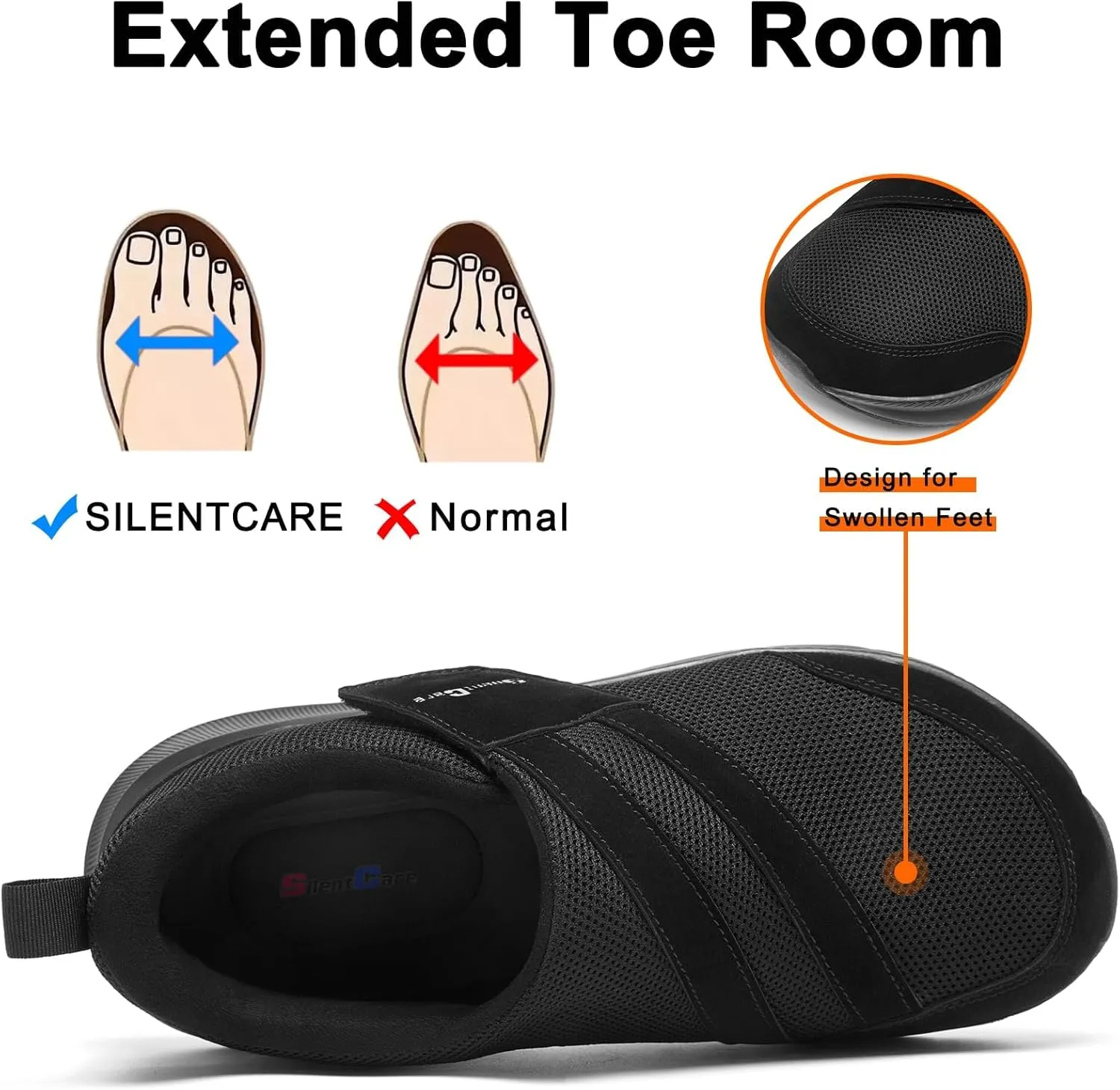 SILENTCARE Diabetic Shoes for Men Wide Toe Box Slip-on Shoes for Swollen Feet Adjustable Walking Shoes for Elderly Foot Pain Relief Neuropathy