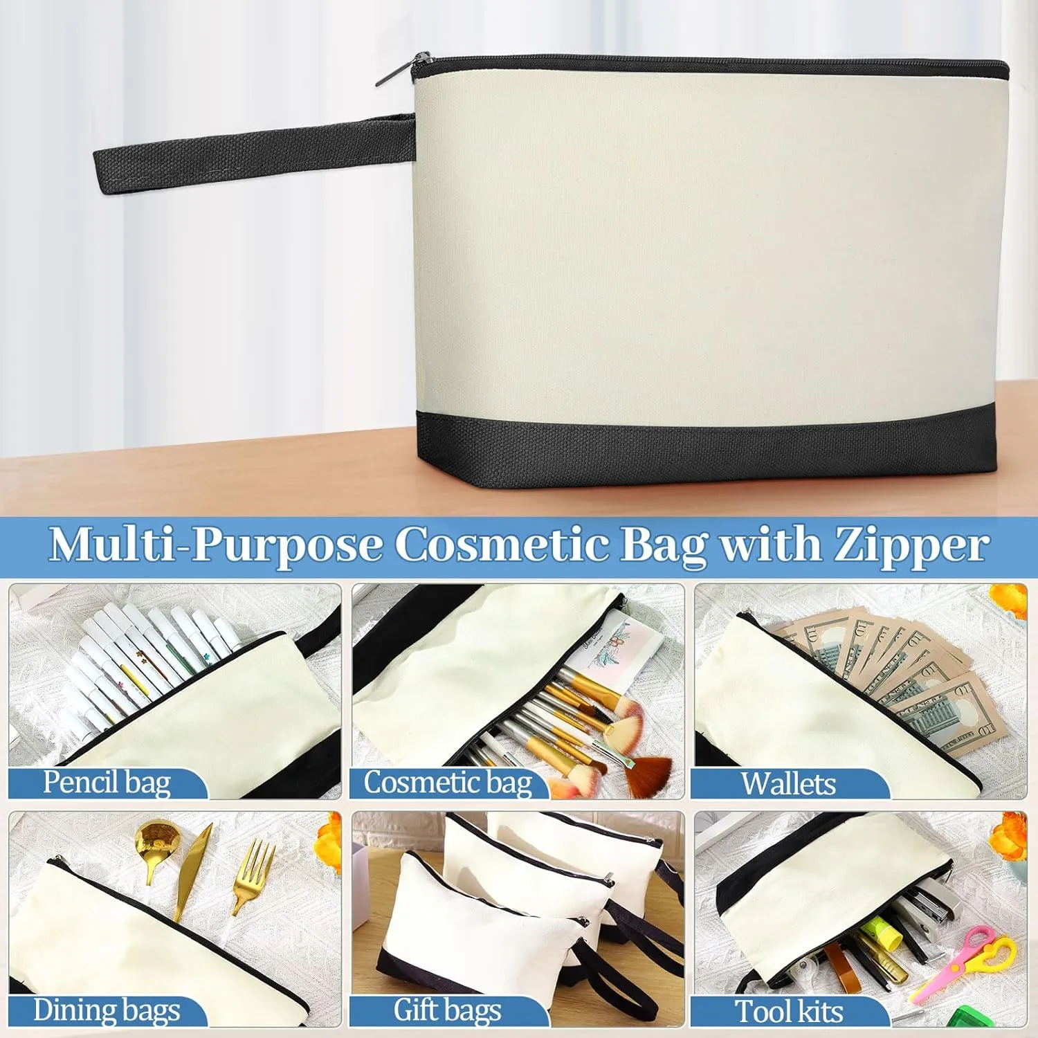 Silkfly 30 Pcs Canvas Makeup Bags Bulk Pencil Case Cotton Cosmetic Pouch with Zipper Bottom Blank Inspirational Travel Pouch Multi Purpose Toiletry Bags for Women (Black, Beige,Simple)