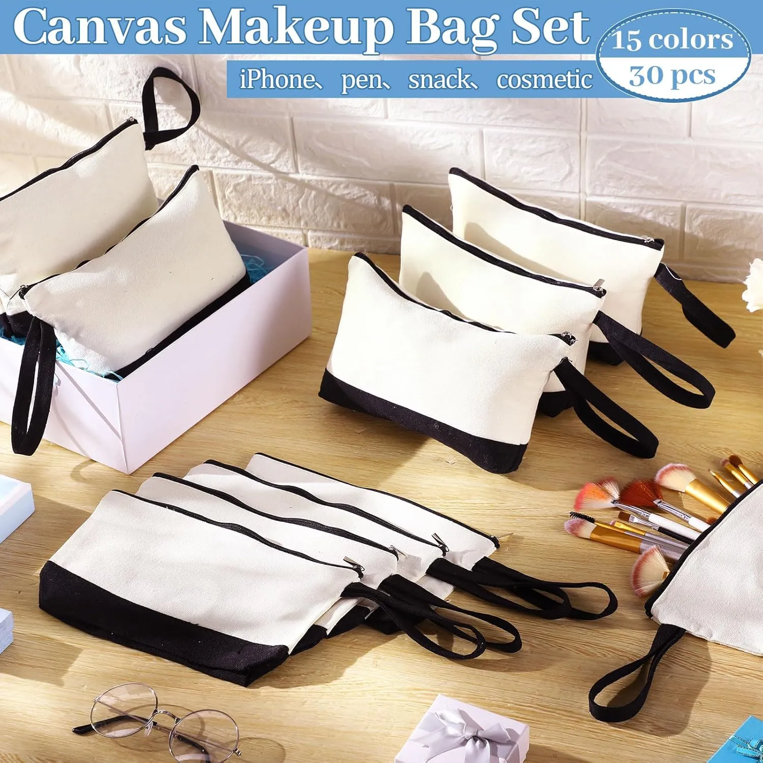 Silkfly 30 Pcs Canvas Makeup Bags Bulk Pencil Case Cotton Cosmetic Pouch with Zipper Bottom Blank Inspirational Travel Pouch Multi Purpose Toiletry Bags for Women (Black, Beige,Simple)