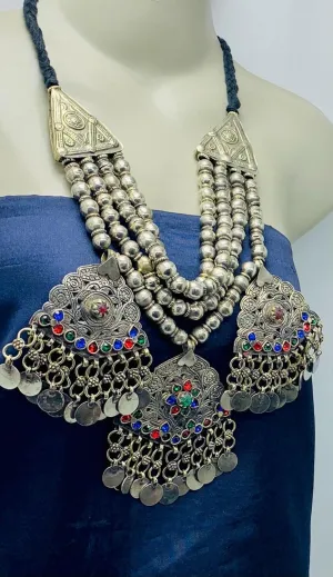 Silver Metallic Beaded Chain Necklace, Handmade Vintage Layered Choker Necklace With Three Pendants, Kuchi Silver Necklace, Beaded Jewelry