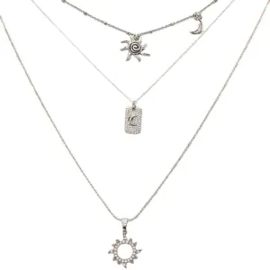 Silver Sunburst Layered Necklace Set - Silver (Medium 18 inch-20 inch-24 inch)