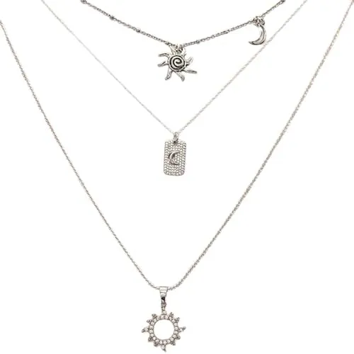 Silver Sunburst Layered Necklace Set - Silver (Medium 18 inch-20 inch-24 inch)