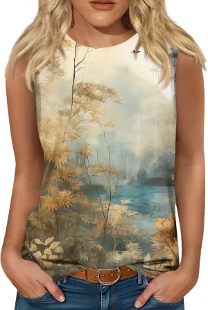 Sleeveless Tops for Women Summer Crew Neck Loose Fit Basic Tunics Tank Floral Holiday Going Out Tank Top Tee