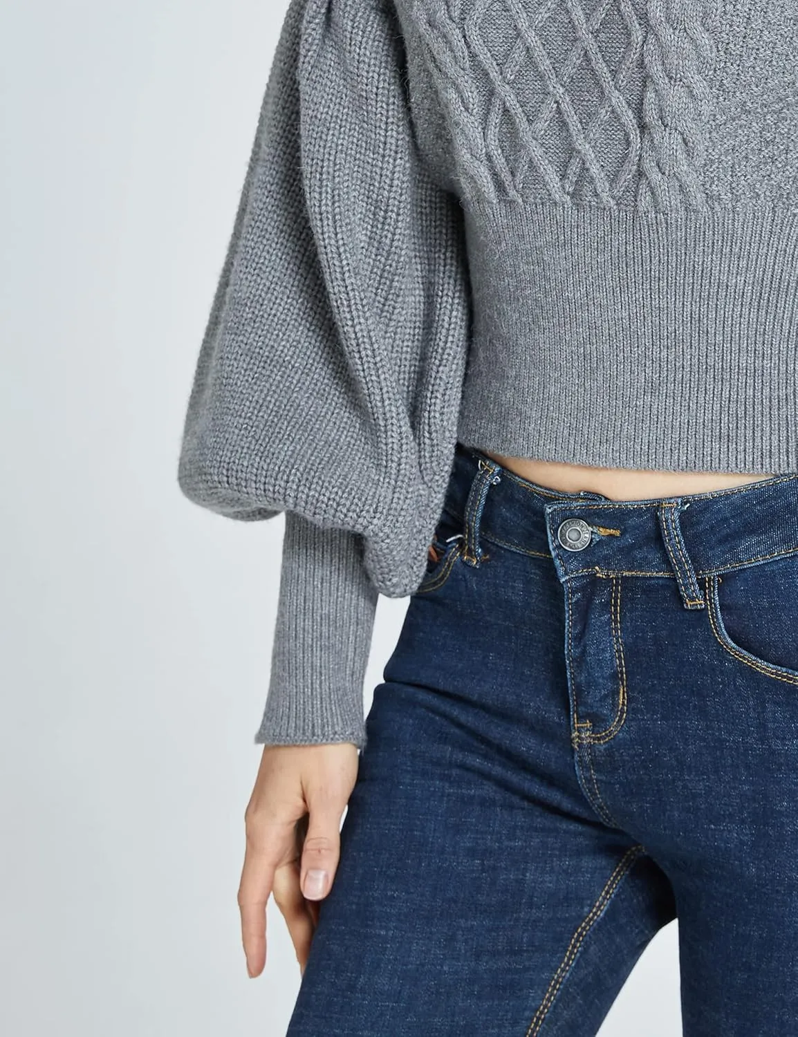 SSLR-Womens-Oversized-Sweaters-Cropped Sweaters Crewneck Long Lantern Sleeve Knitted Cable Pullover