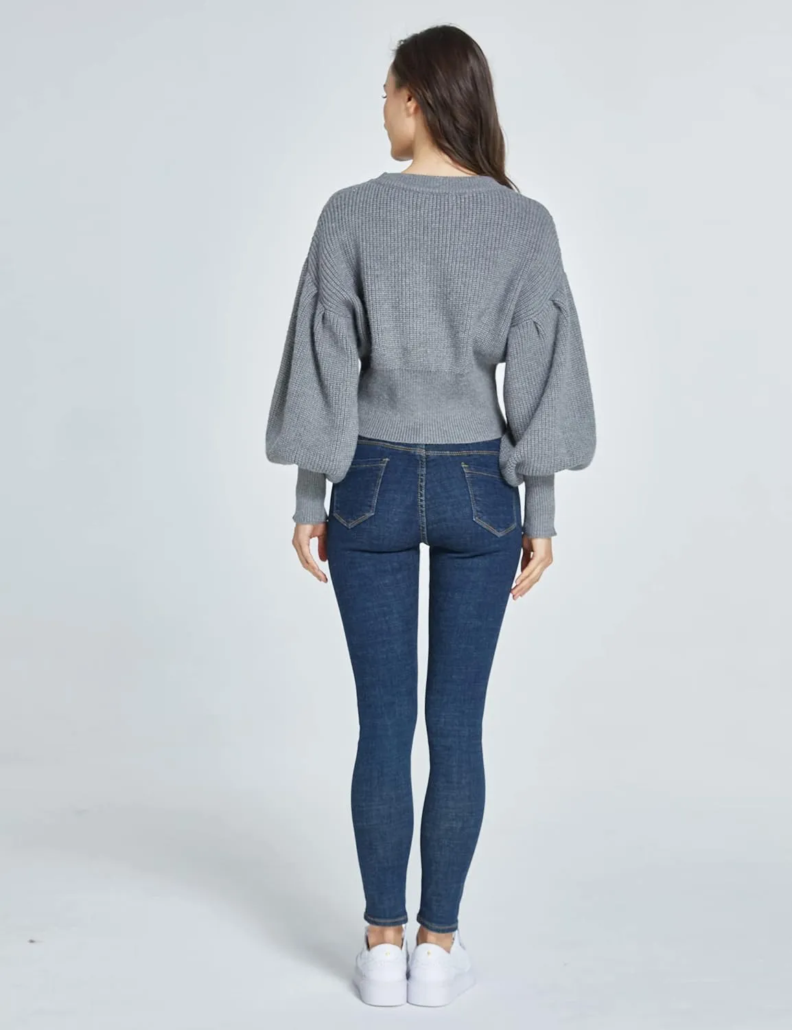 SSLR-Womens-Oversized-Sweaters-Cropped Sweaters Crewneck Long Lantern Sleeve Knitted Cable Pullover