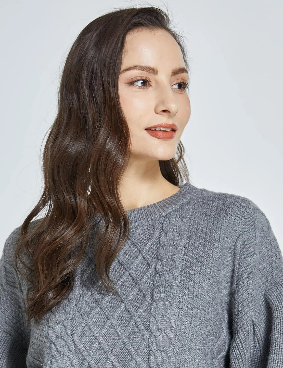 SSLR-Womens-Oversized-Sweaters-Cropped Sweaters Crewneck Long Lantern Sleeve Knitted Cable Pullover
