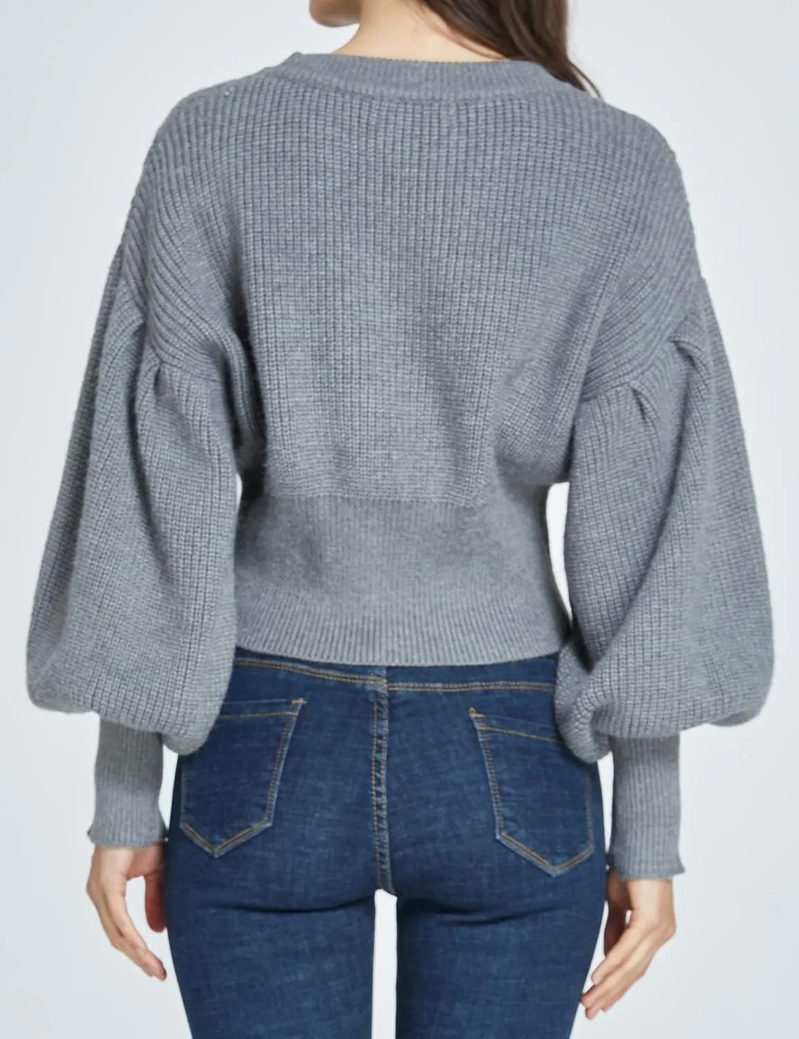 SSLR-Womens-Oversized-Sweaters-Cropped Sweaters Crewneck Long Lantern Sleeve Knitted Cable Pullover