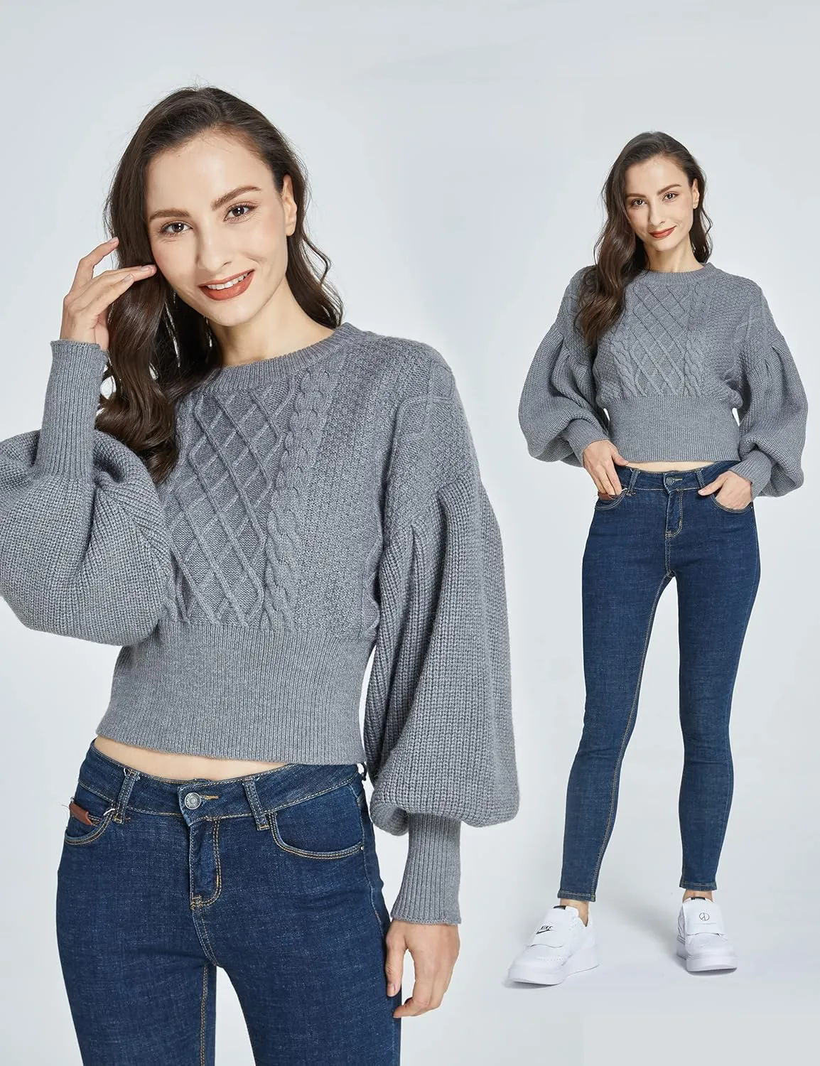 SSLR-Womens-Oversized-Sweaters-Cropped Sweaters Crewneck Long Lantern Sleeve Knitted Cable Pullover