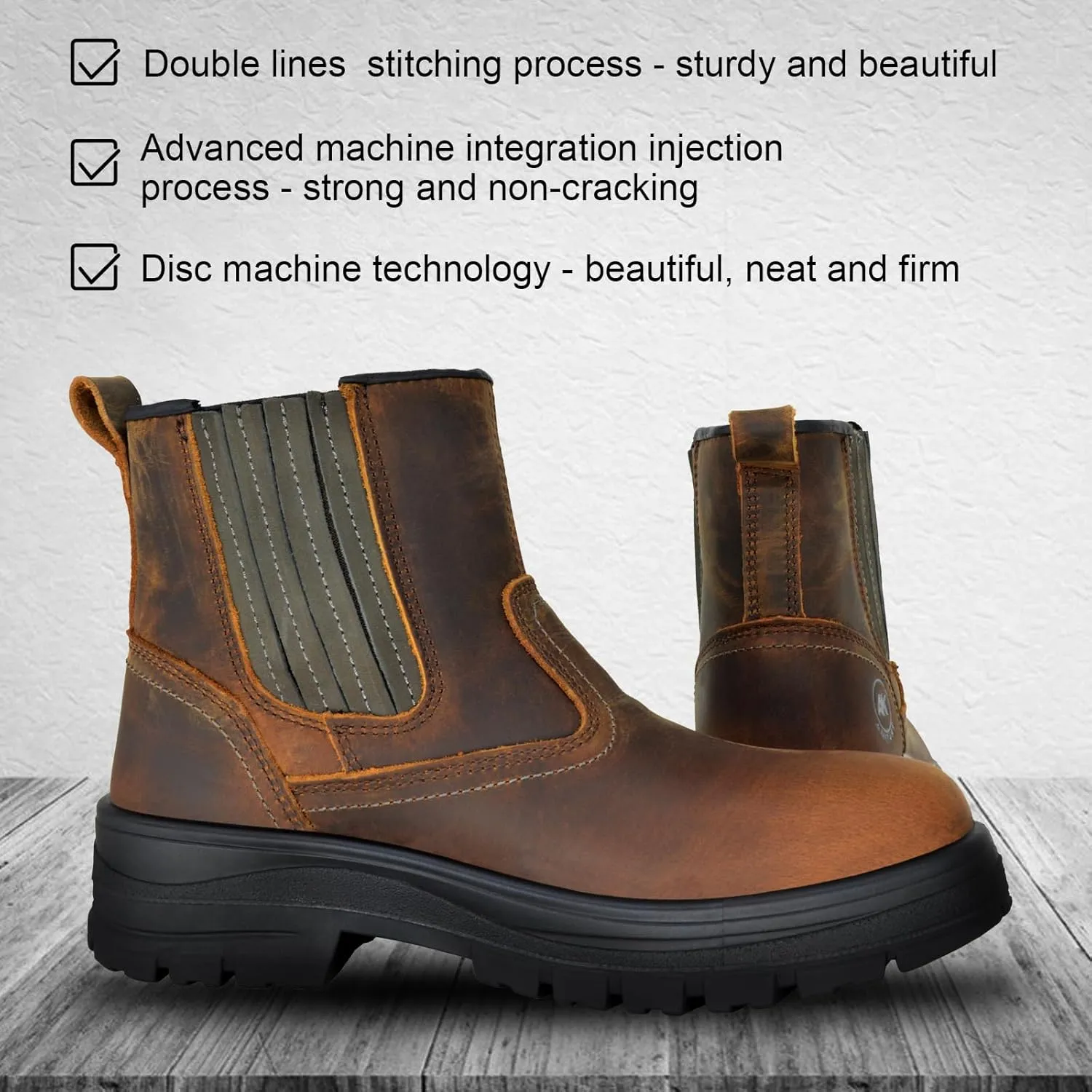 Steel Toe Boots for Men, Full Grain Leather Work Boots for Men, Non-Slip Electrical Insulation Impact Resistance, Breathable & Comfortable Slip on Mens Work Boots