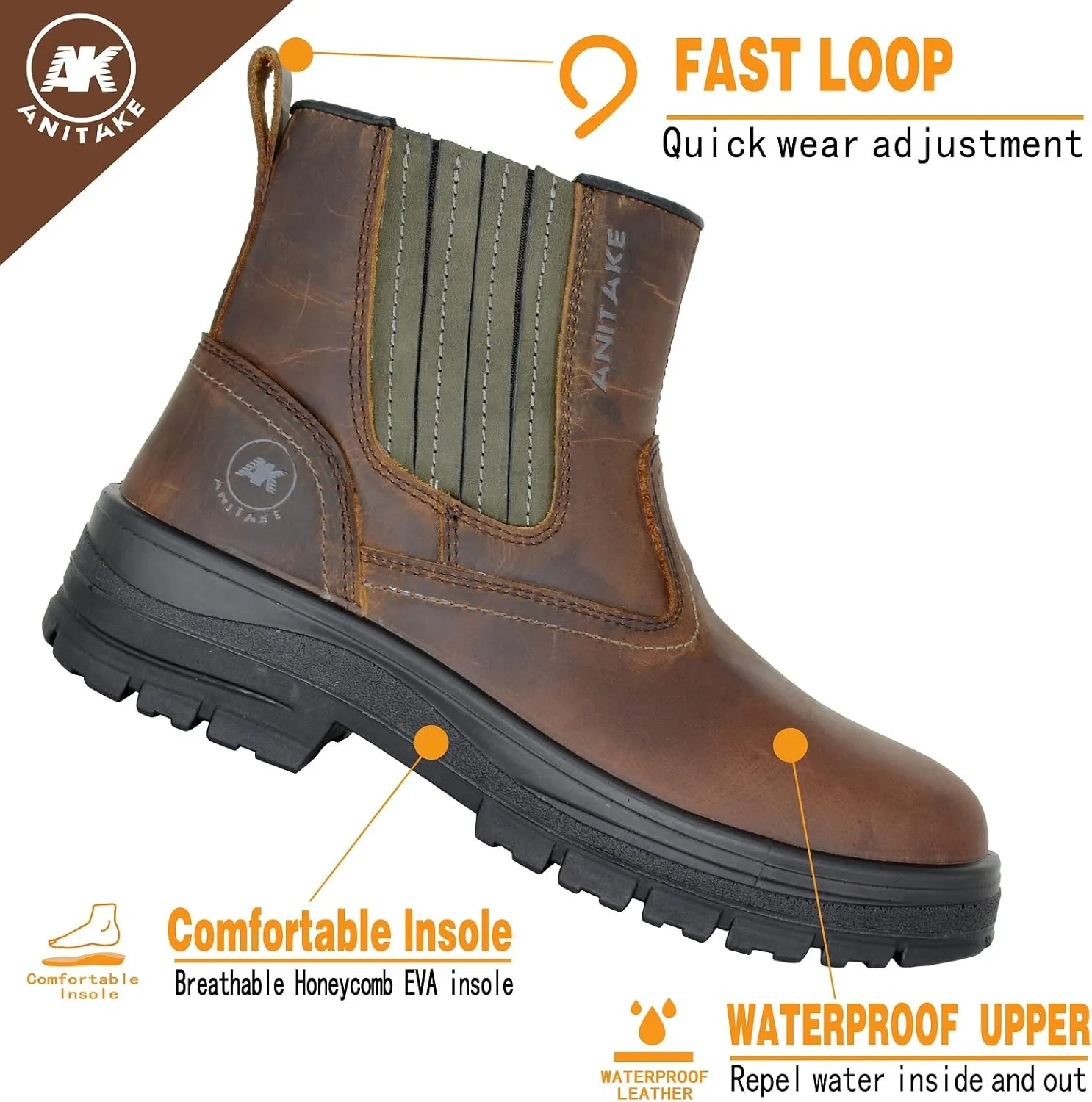Steel Toe Boots for Men, Full Grain Leather Work Boots for Men, Non-Slip Electrical Insulation Impact Resistance, Breathable & Comfortable Slip on Mens Work Boots