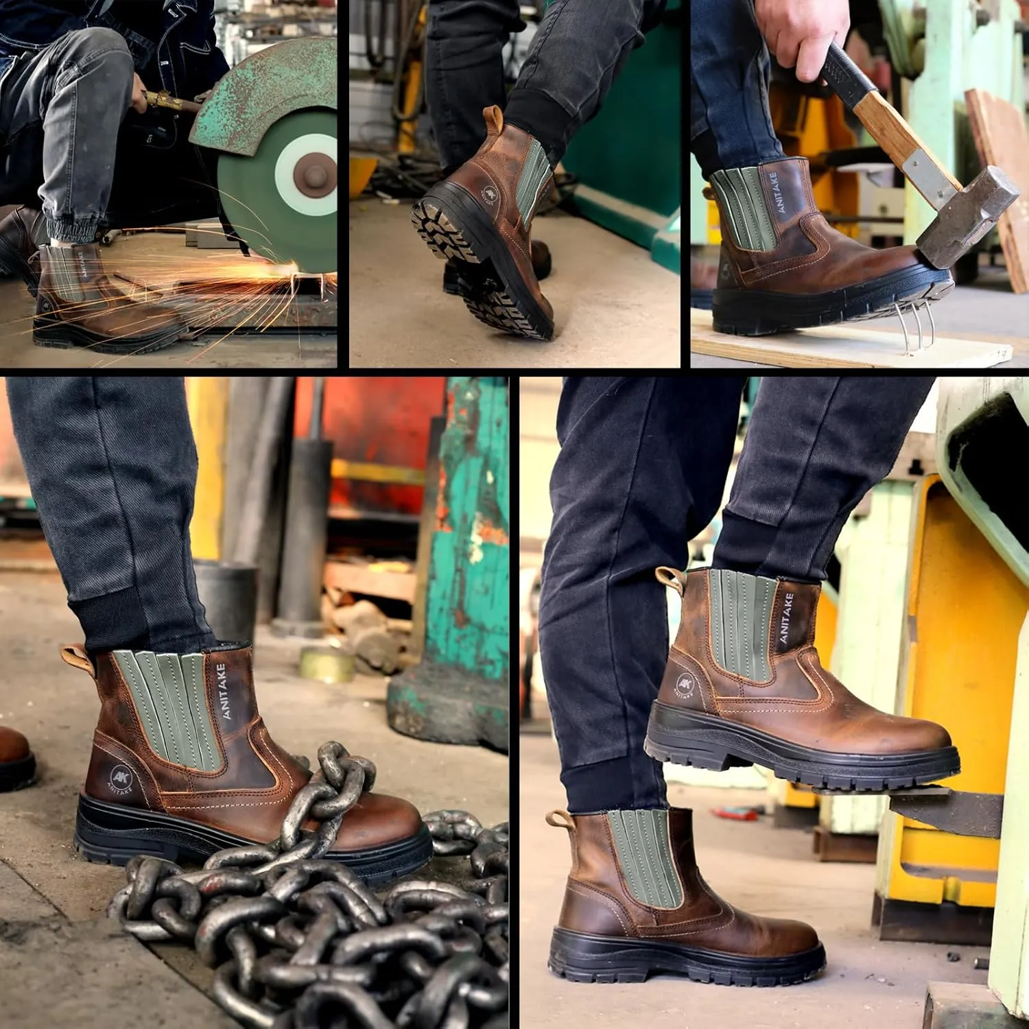 Steel Toe Boots for Men, Full Grain Leather Work Boots for Men, Non-Slip Electrical Insulation Impact Resistance, Breathable & Comfortable Slip on Mens Work Boots