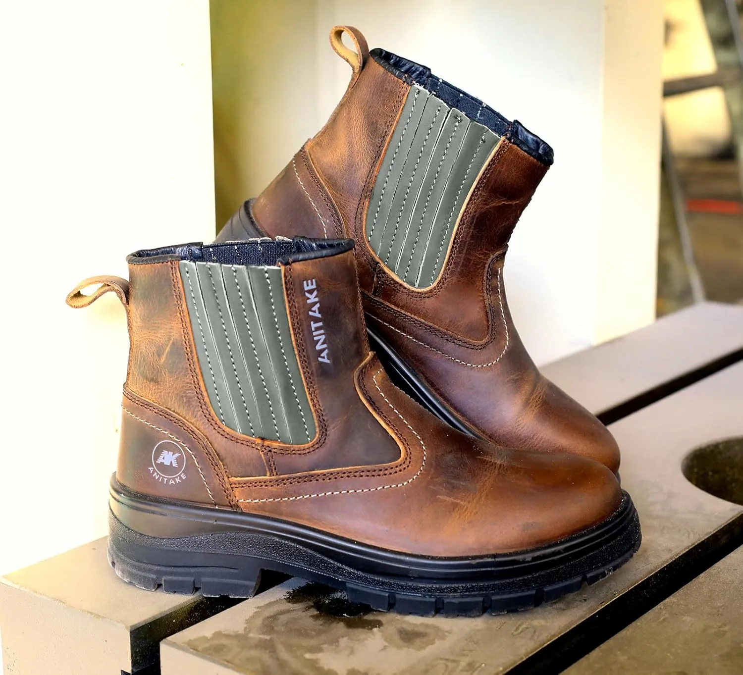 Steel Toe Boots for Men, Full Grain Leather Work Boots for Men, Non-Slip Electrical Insulation Impact Resistance, Breathable & Comfortable Slip on Mens Work Boots