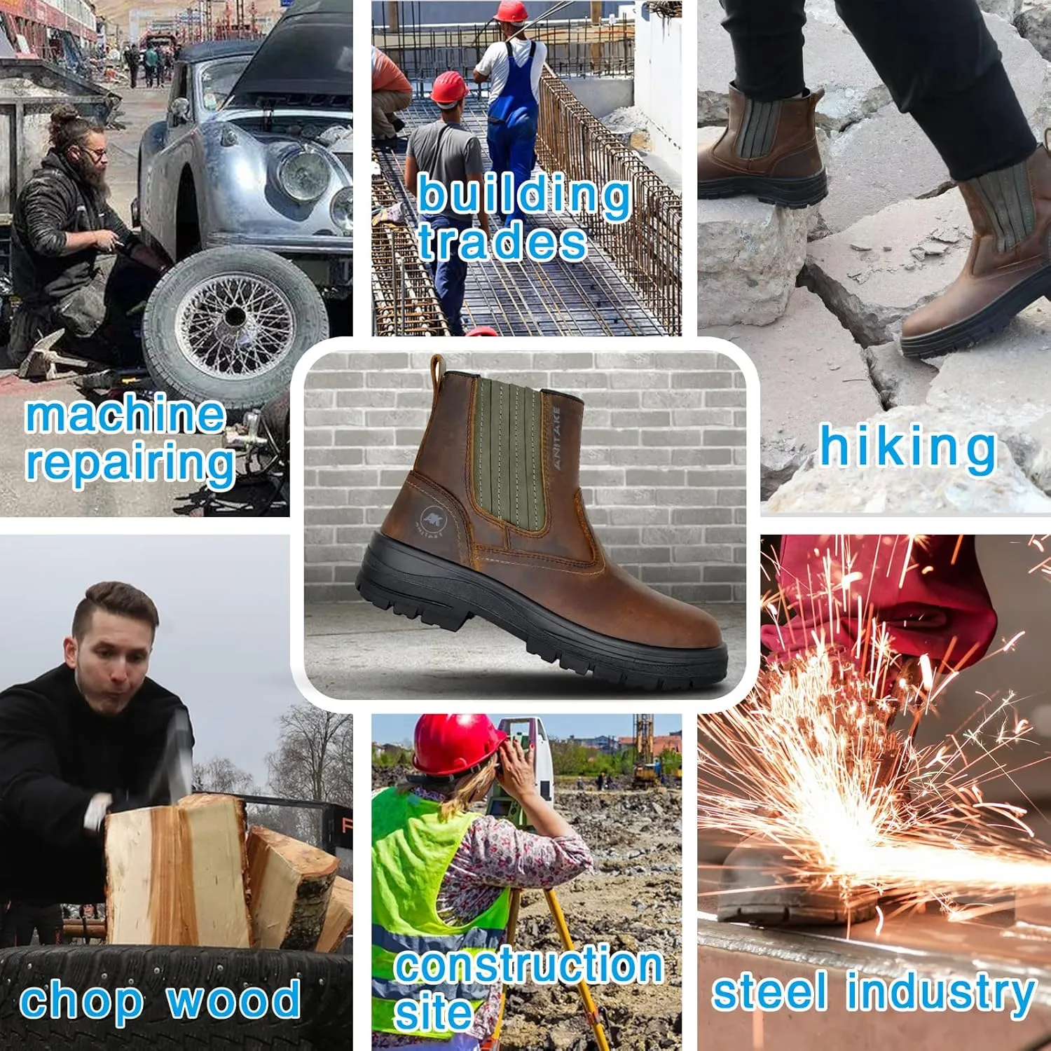 Steel Toe Boots for Men, Full Grain Leather Work Boots for Men, Non-Slip Electrical Insulation Impact Resistance, Breathable & Comfortable Slip on Mens Work Boots