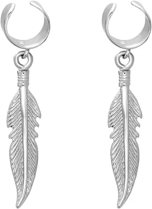 Sterling Silver Dangling Feather Ear Cuff Earrings
