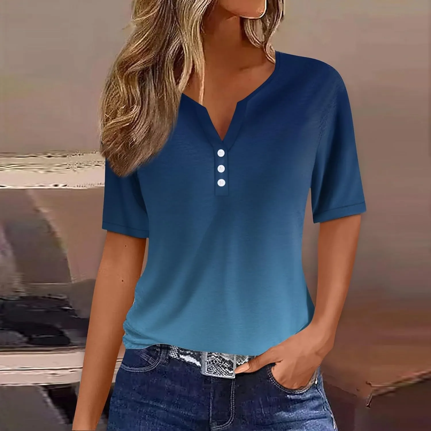 Summer Tops for Women 2025 Button V Neck Boho Short Sleeve Shirts Casual Loose Comfy Tunic Trendy Pullover