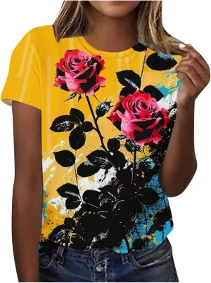 Summer Tops for Women 2025 Trendy Short Sleeve Boho Shirts Retro Floral Graphic Tees Plus Size Casual Crew Neck Tshirt