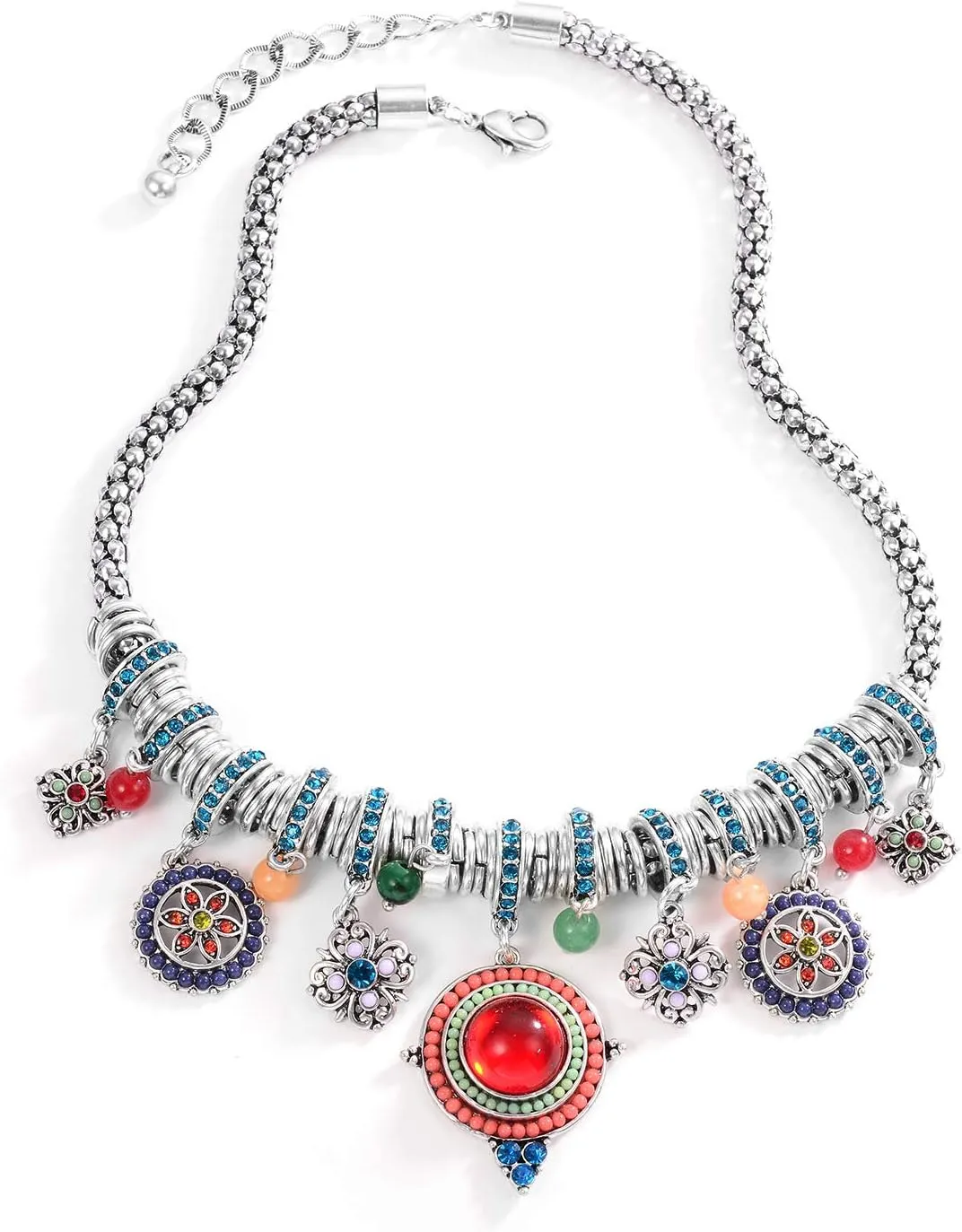SUNLAND Bohemian Multicolor Round Pendants Enamel Rhinestone Ethnic Necklace for Women