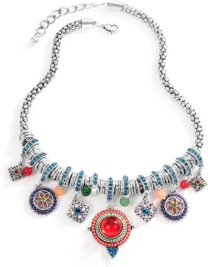 SUNLAND Bohemian Multicolor Round Pendants Enamel Rhinestone Ethnic Necklace for Women