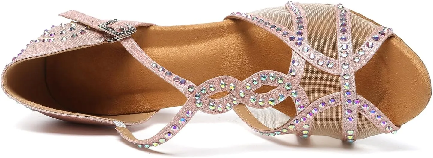 SWDZM Rhinestone Latin Dance Shoes for Women Salsa Ballroom Sparkling Dance Shoes
