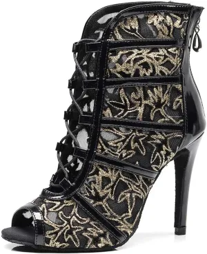 SWDZM Women's Latin Dance Shoes Mesh Peep Toe Salsa Ballroom Lace-up Ankle Dance Boots,Model L445