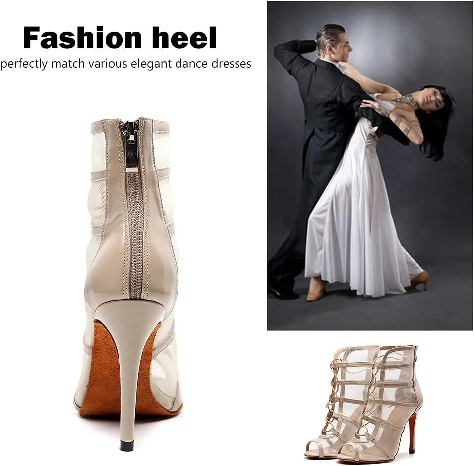 SWDZM Women's Latin Dance Shoes Mesh Peep Toe Salsa Ballroom Lace-up Ankle Dance Boots,Model L445