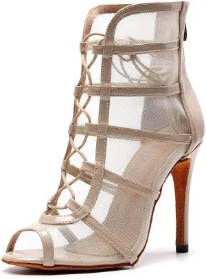 SWDZM Women's Latin Dance Shoes Mesh Peep Toe Salsa Ballroom Lace-up Ankle Dance Boots,Model L445