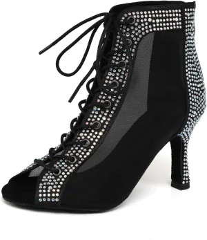 SWDZM Womens Rhinestones Ballroom Dance Boots Open Toe Ankle Latin Salsa Professional Dancing Shoes