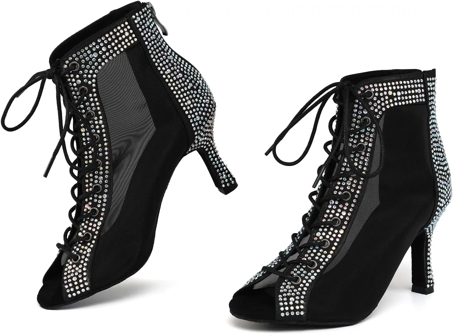 SWDZM Womens Rhinestones Ballroom Dance Boots Open Toe Ankle Latin Salsa Professional Dancing Shoes