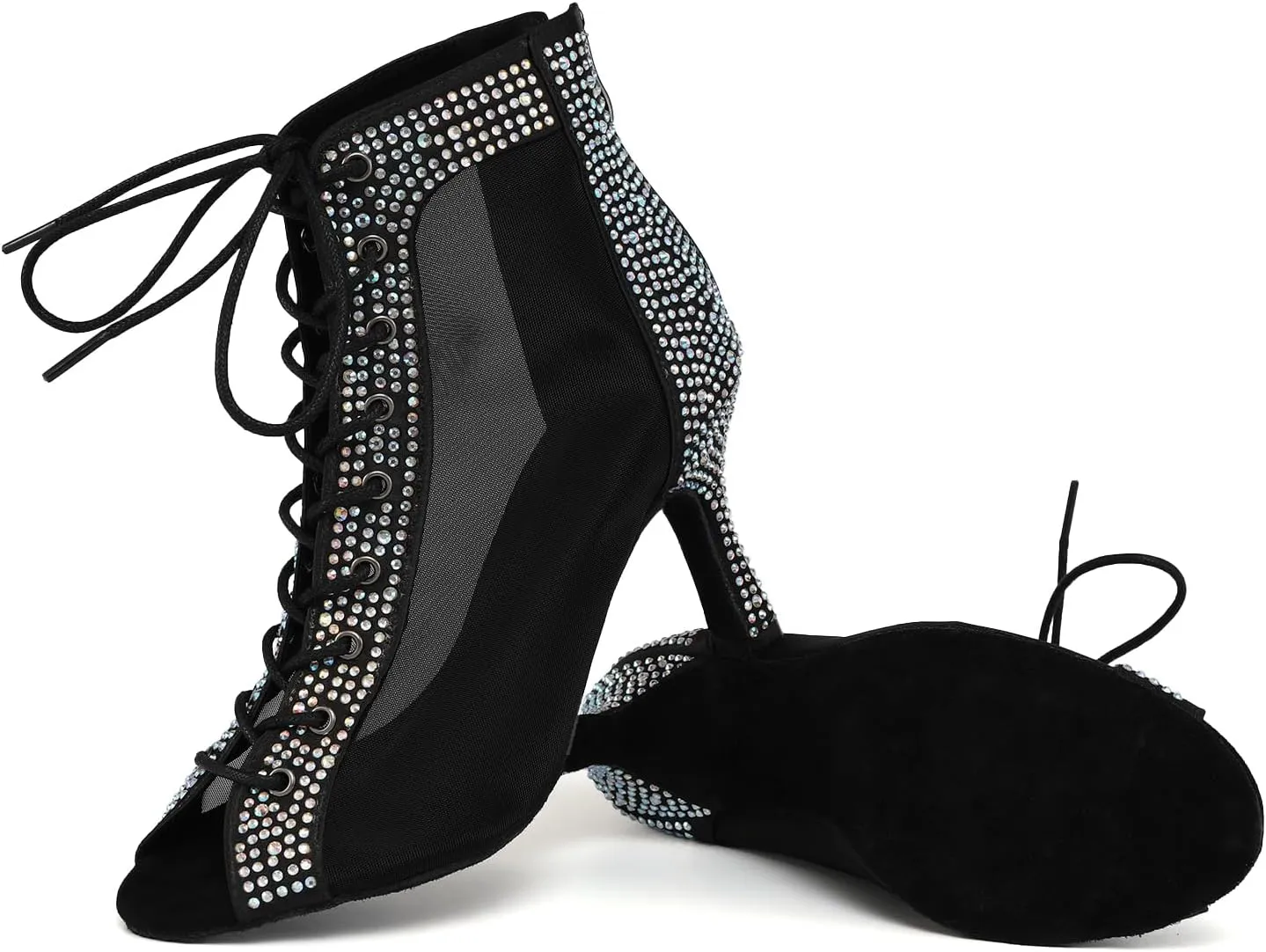SWDZM Womens Rhinestones Ballroom Dance Boots Open Toe Ankle Latin Salsa Professional Dancing Shoes