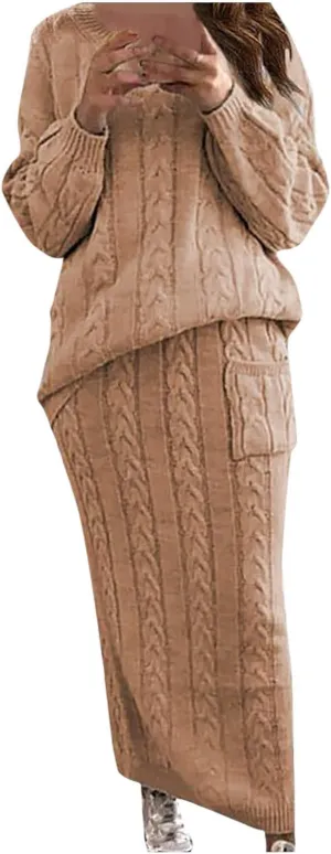 Sweater Suit for Womens Knitwear Tops Dress Two Pieces Set Oversized Long Sleeve Cable Knitted Pullover Skirt Set