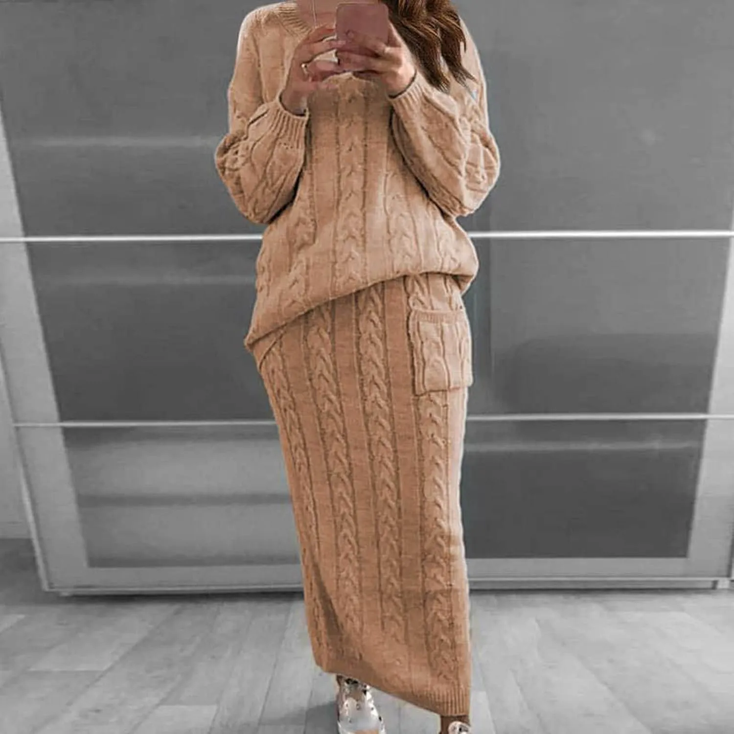 Sweater Suit for Womens Knitwear Tops Dress Two Pieces Set Oversized Long Sleeve Cable Knitted Pullover Skirt Set