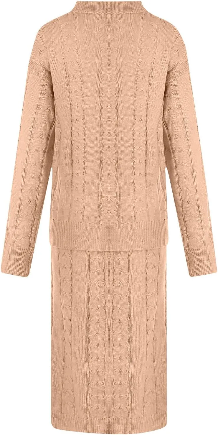 Sweater Suit for Womens Knitwear Tops Dress Two Pieces Set Oversized Long Sleeve Cable Knitted Pullover Skirt Set