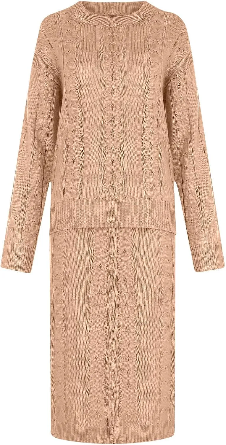 Sweater Suit for Womens Knitwear Tops Dress Two Pieces Set Oversized Long Sleeve Cable Knitted Pullover Skirt Set