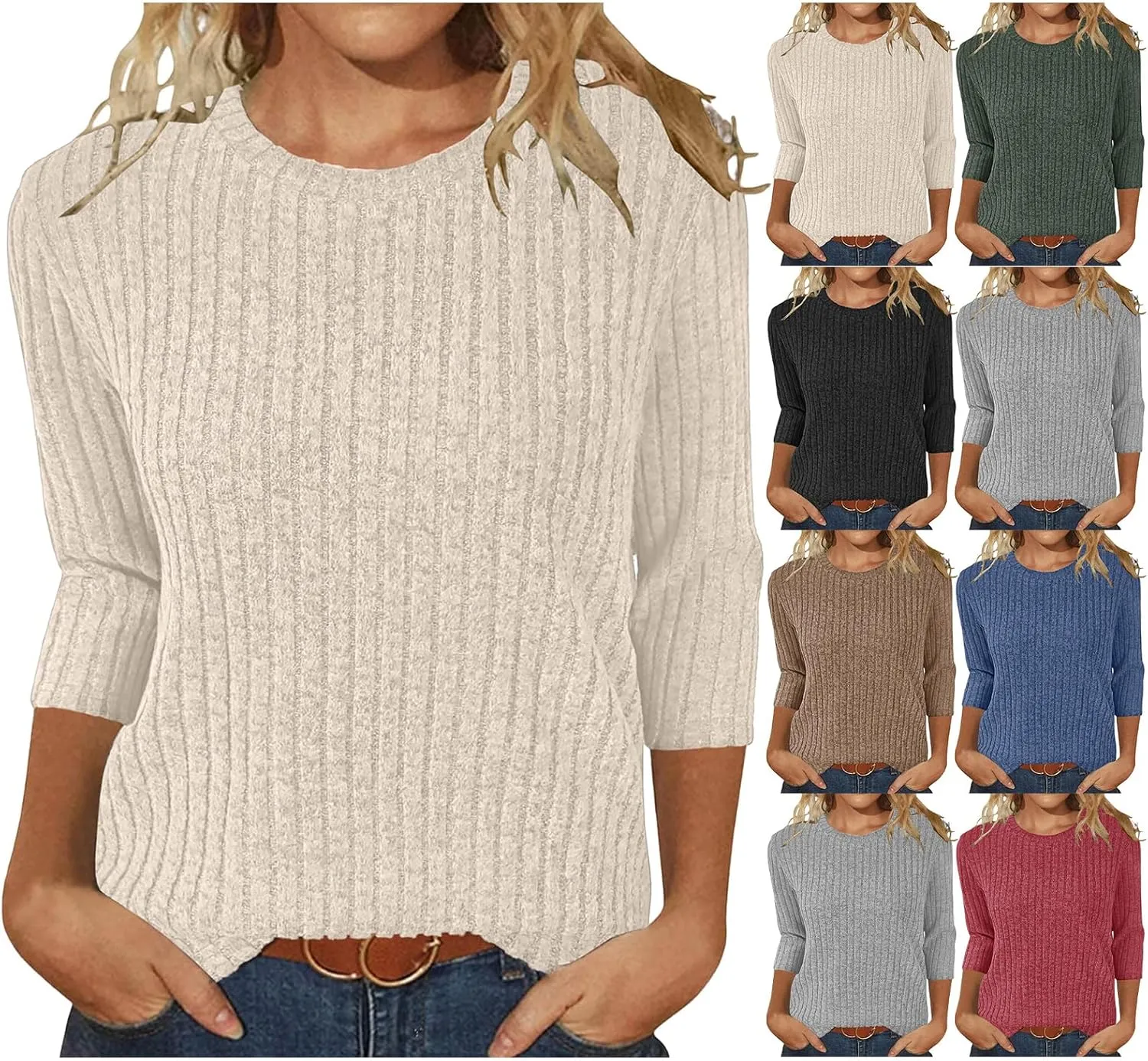 Sweaters for Women 3/4 Sleeve Tops 2025 Summer Lightweight Ribbed Knit Round Neck Blouses Shirts
