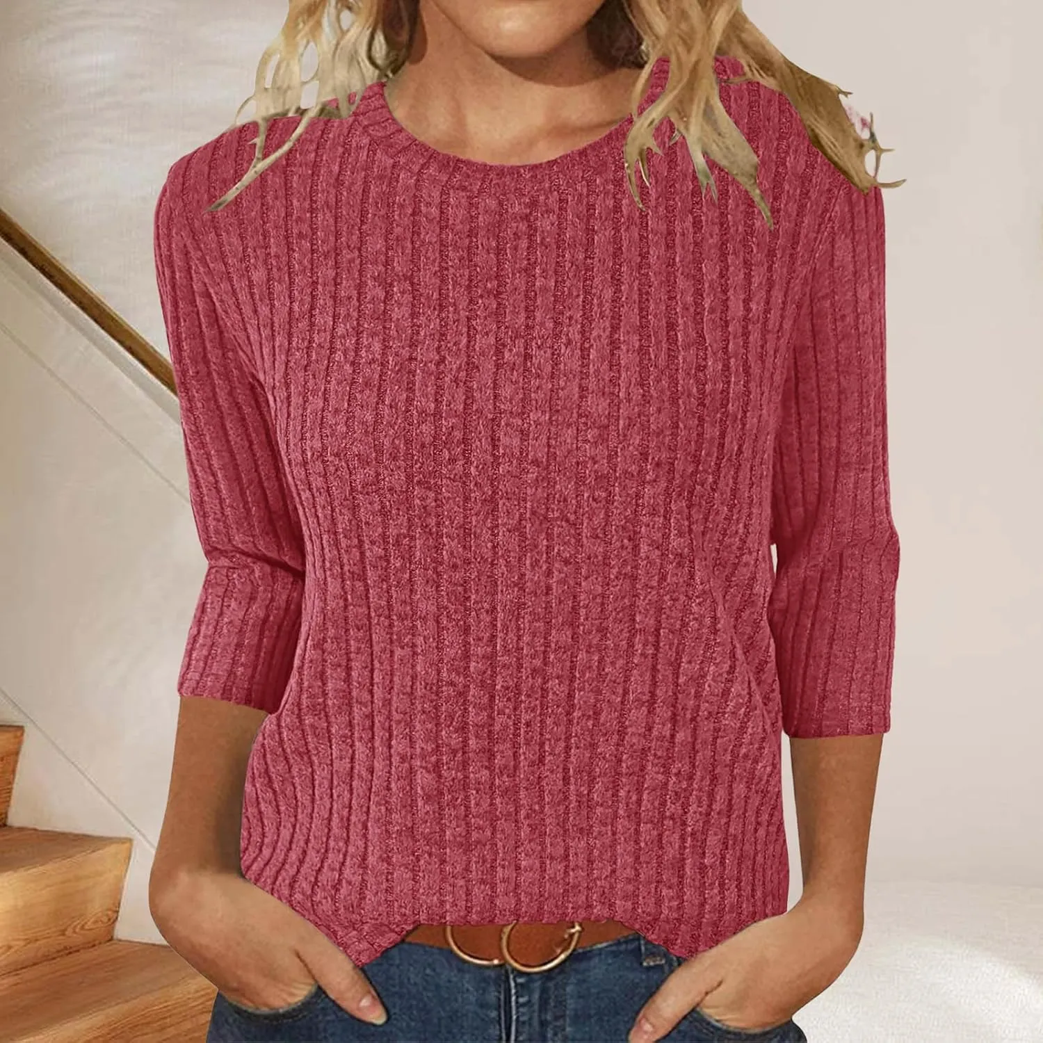 Sweaters for Women 3/4 Sleeve Tops 2025 Summer Lightweight Ribbed Knit Round Neck Blouses Shirts