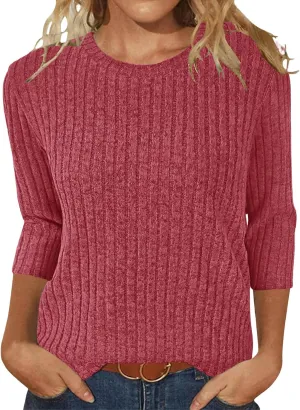 Sweaters for Women 3/4 Sleeve Tops 2025 Summer Lightweight Ribbed Knit Round Neck Blouses Shirts
